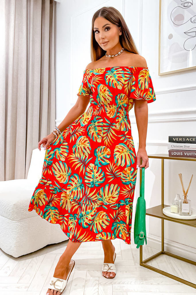 CZERWONA SUKIENKA HISZPANKA MAXI Z MOTYWEM LIŚCIA I GUMĄ W PASIE