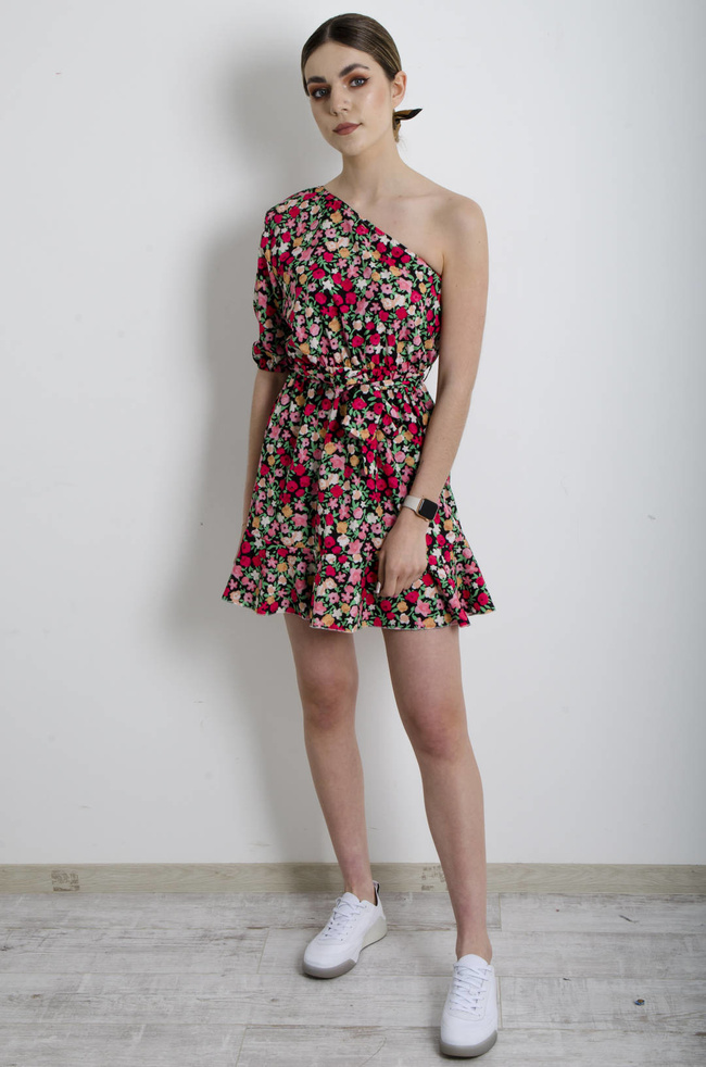 SUKIENKA W KWIATY NA JEDNO RAMIĘ - CZARNA