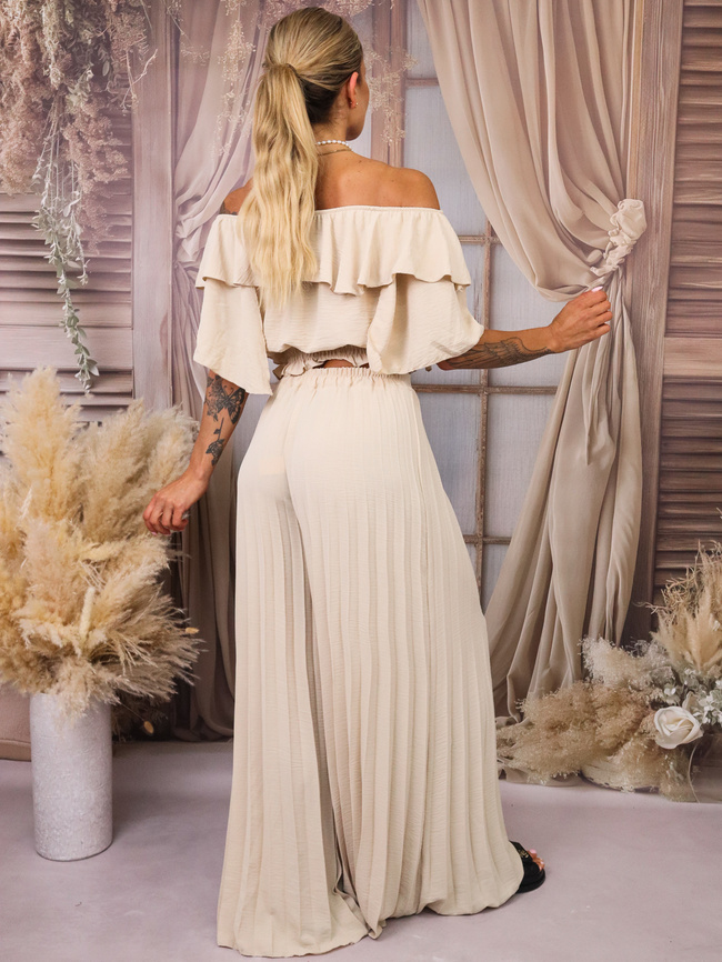 KOMPLET TOP HISZPANKA+ SPODNIE PLISOWANE- BEŻOWY