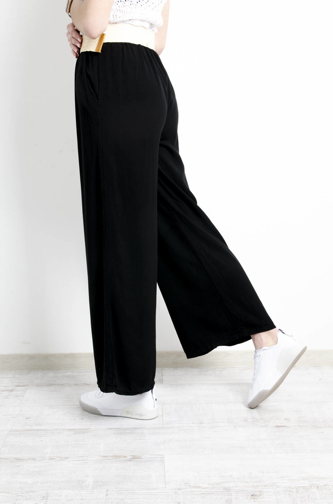 SPODNIE MATERIAŁOWE Z PLECIONYM PASKIEM- CZARNE