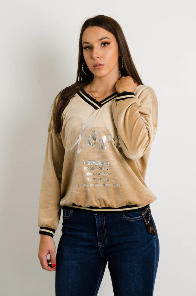 BEŻOWA WELUROWA BLUZKA Z DEKOLTEM W SZPIC LOVE