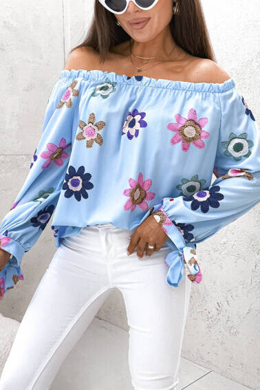 BLUZKA HISZPANKA W KWIATY Z WIĄZANIEM NA RĘKAWACH- NIEBIESKA