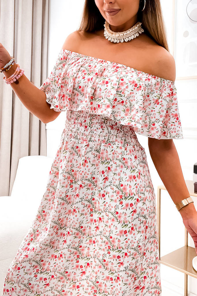 SUKIENKA MIDI W KWIATY HISZPANKA- BIAŁA