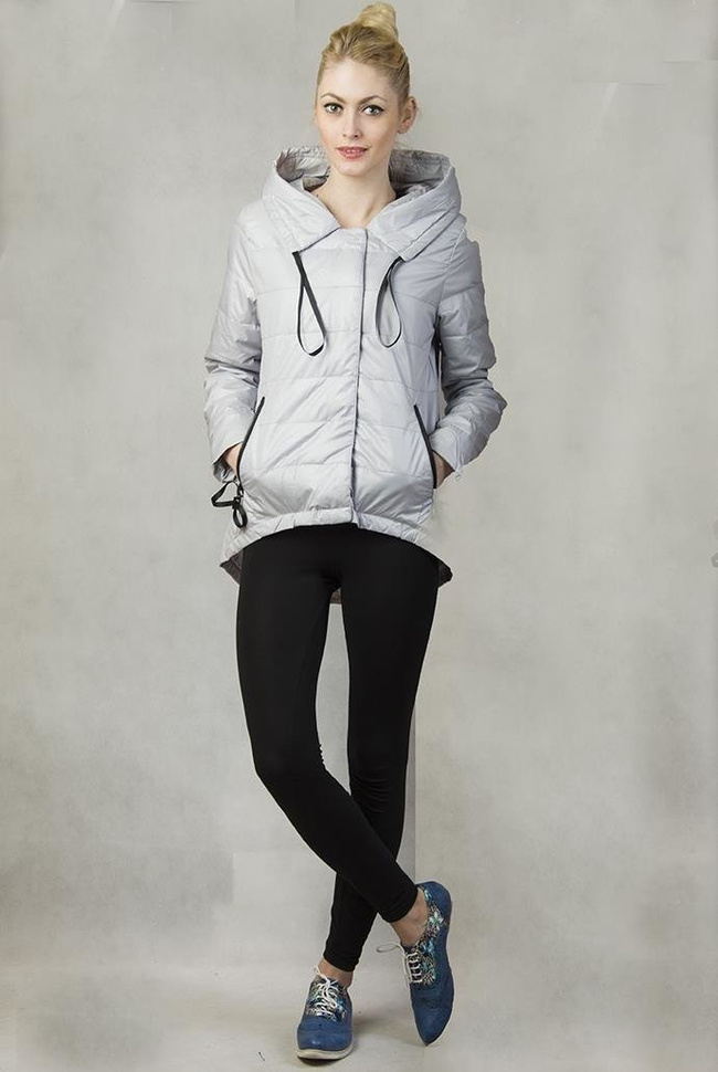 Asymetryczna szara kurtka z kapturem zapinana na zamek