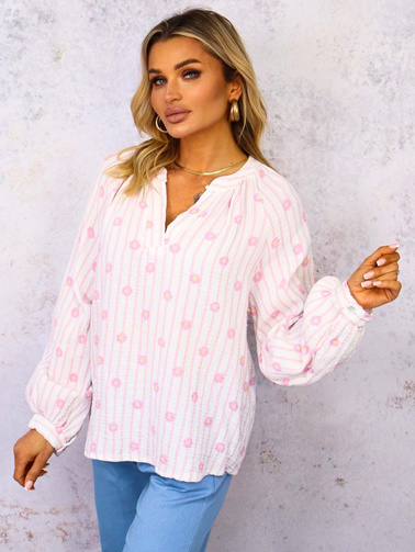 BLUZKA KOSZULOWA W PASKI I KWIATKI- JASNORÓŻOWA