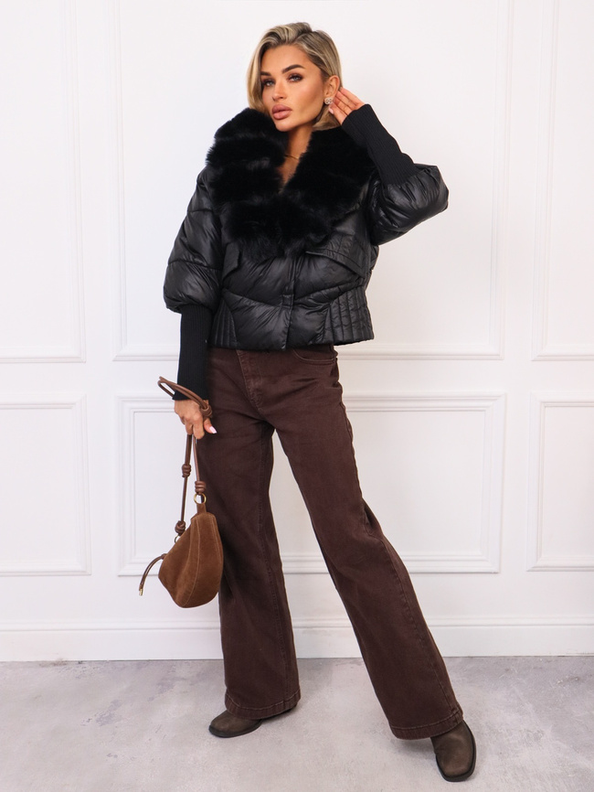 KURTKA KRÓTKA Z ODPINANYM FUTERKIEM-  CZARNA