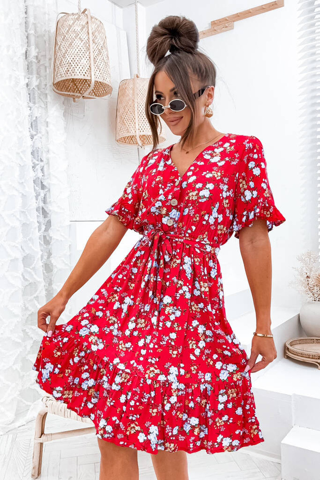 SUKIENKA MIDI W KWIATY Z DEKOLTEM NA GUZIKI+ PASEK- CZERWONA