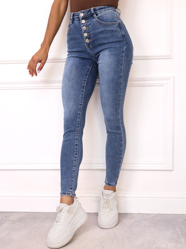 SPODNIE JEANSOWE Z WYSOKIM STANEM ZAPINANE NA GUZIKI- NIEBIESKIE