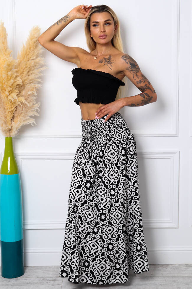 WZORZYSTA SPÓDNICA MAXI Z GUMĄ W PSIE- CZARNA