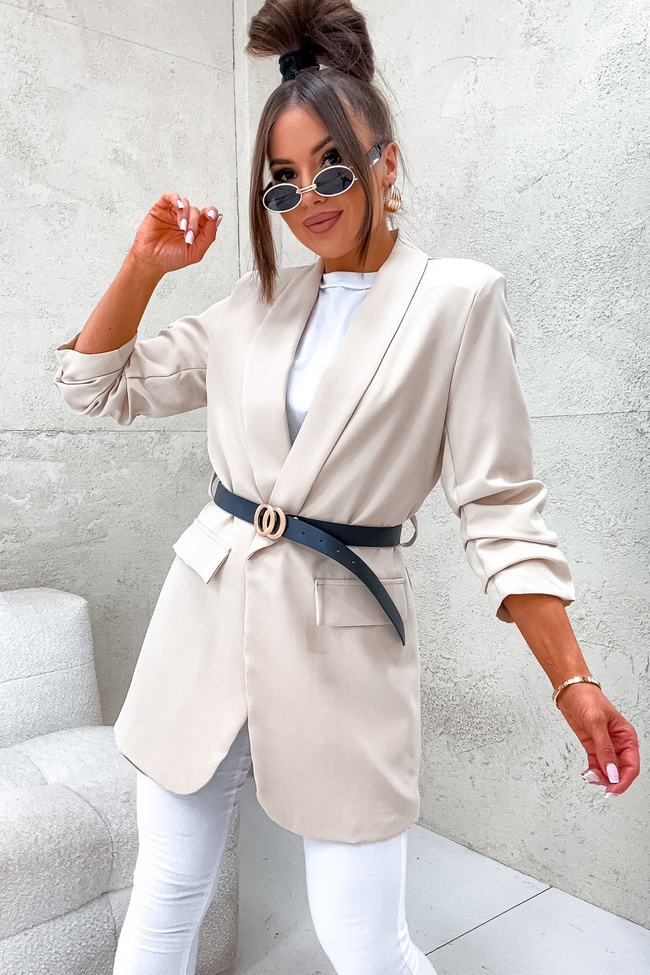 DŁUŻSZA MARYNARKA Z PASKIEM I MARSZCZONYM RĘKAWEM- BEŻOWA