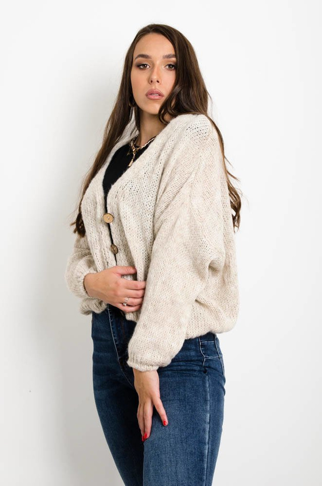 BEŻOWY KRÓTKI KARDIGAN SWETER ZAPINANY NA GUZIKI