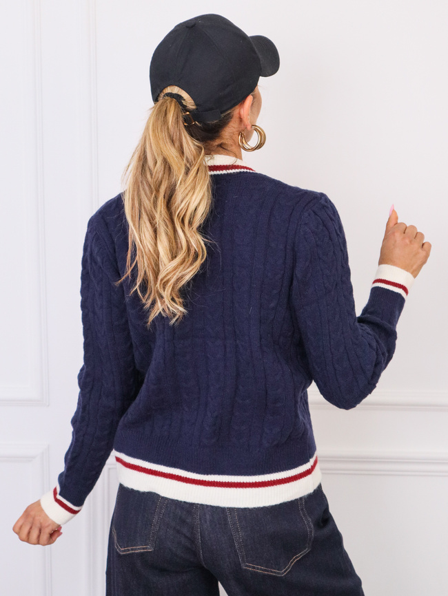 SWETER KARDIGAN Z WARKOCZOWYM SPLOTEM ZAPINANY NA GUZIKI- GRANATOWY