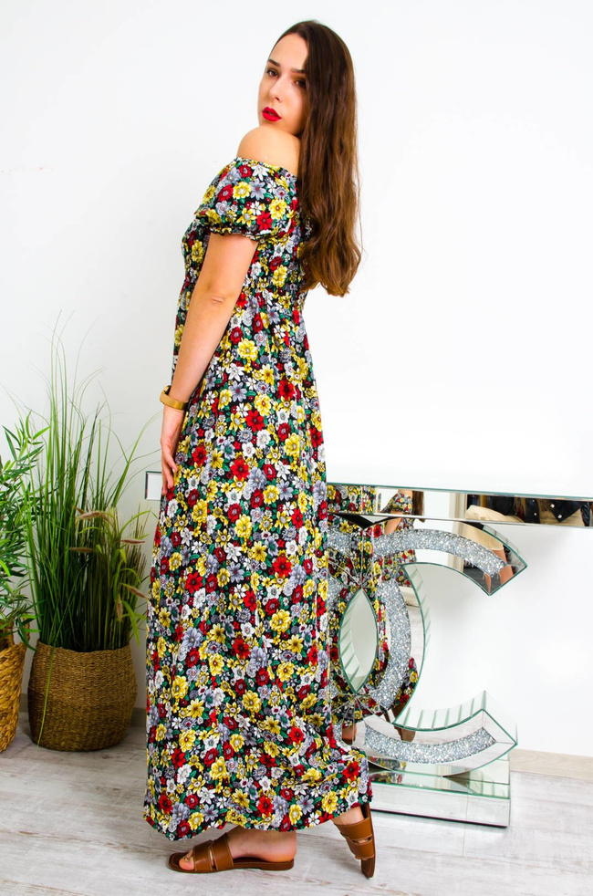 CZARNA DŁUGA SUKIENKA HISZPANKA W KWIATY 