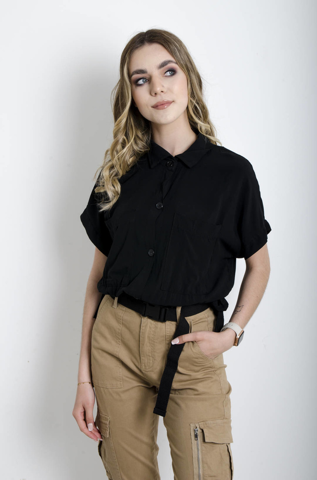 KOSZULA WIĄZANA Z KIESZENIAMI - CZARNA
