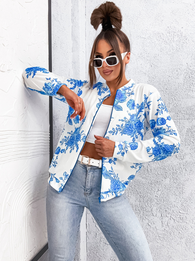 BLUZA WELUROWA W KWIECISTY WZÓR ZAPINANA NA ZAMEK- ECRU