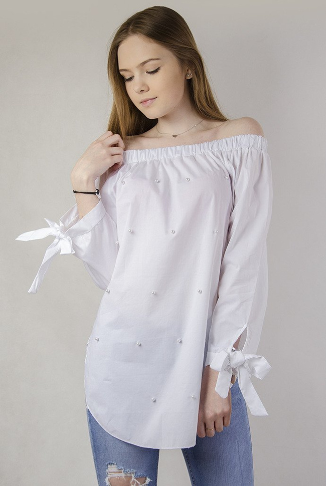 Biała bluzka a'la hiszpanka z koralikami