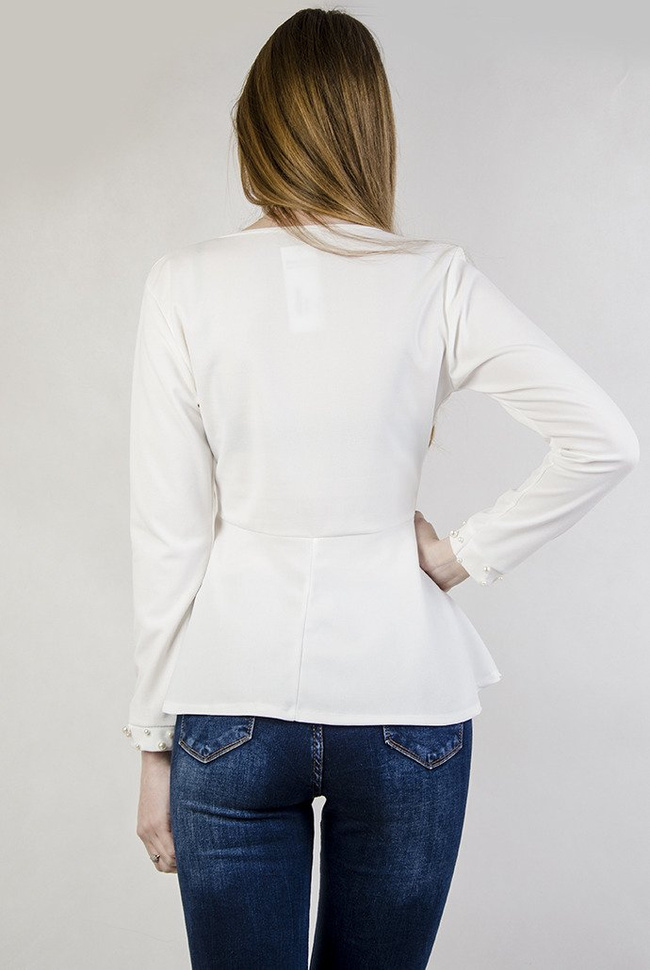 Biała bluzka z baskinką, wyszywana koralikami