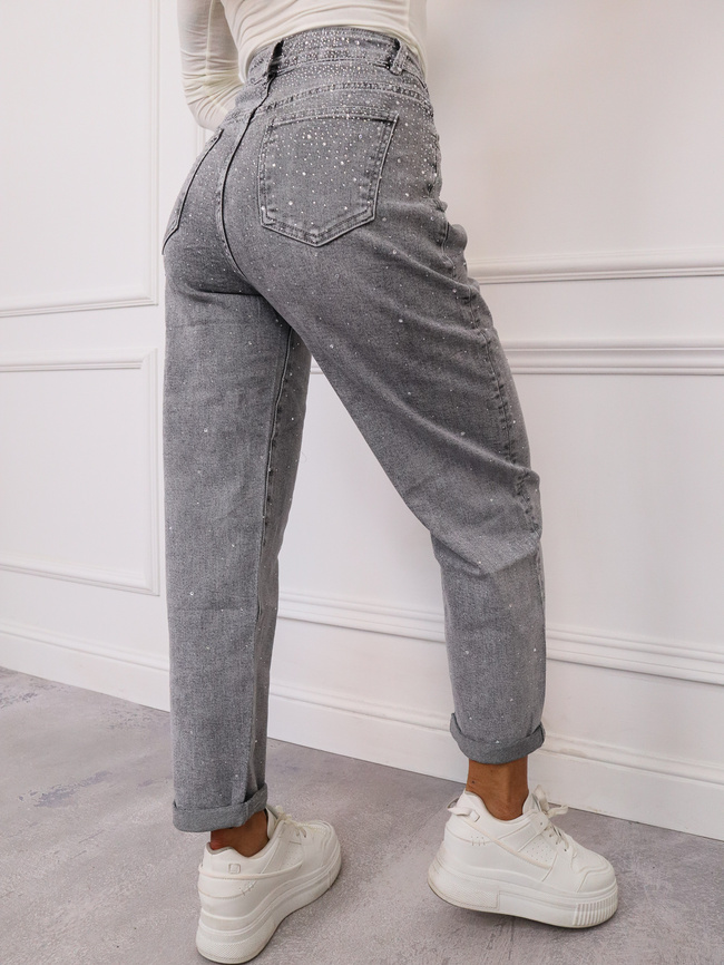 SPODNIE JEANSOWE MOM FIT ZDOBIONE CYRKONIAMI- SZARE