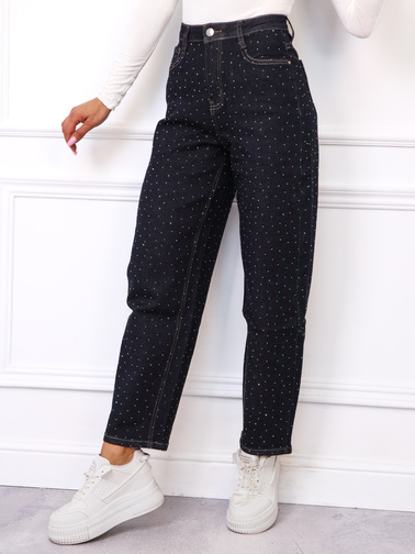 SPODNIE JEANSOWE BALLOON ZDOBIONE CYRKONIAMI- GRANATOWE