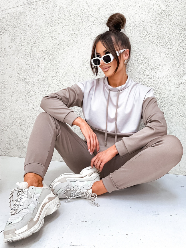 BEŻOWY KOMPLET DRESOWY BLUZA ZE SZNURKAMI+ SPODNIE