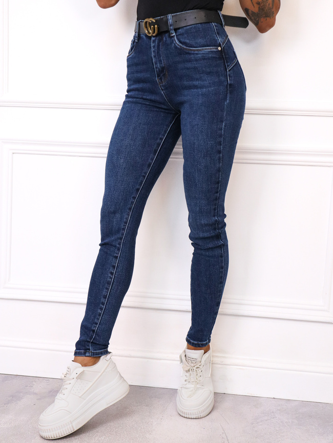 SPODNIE JEANSOWE SKINNY PUSH UP+ PASEK - GRANATOWE