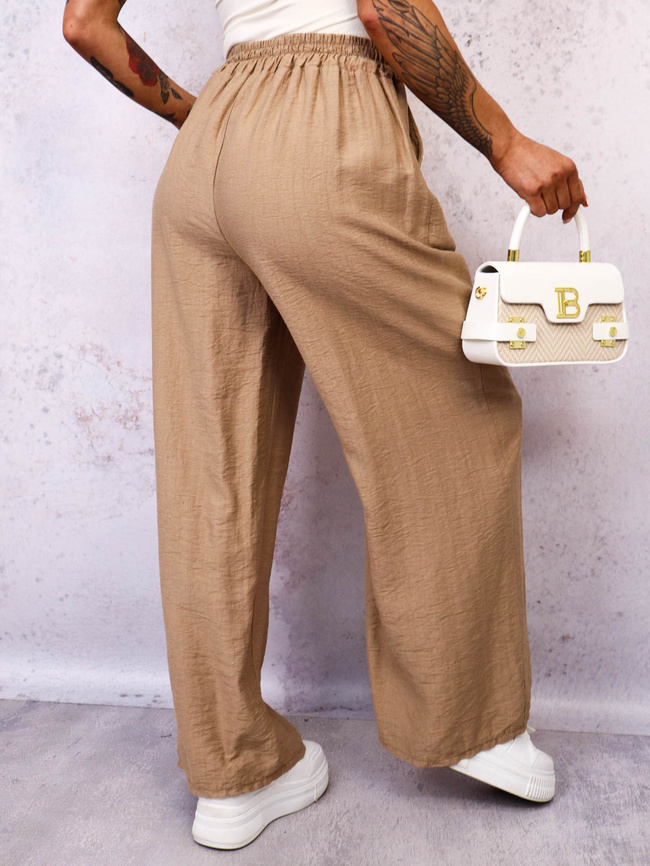 SPODNIE MATERIAŁOWE Z SZEROKIMI NOGAWKAMI- JASNOBRĄZOWE 