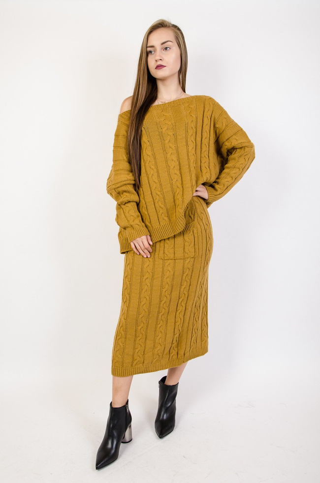 Musztardowy komplet spódnica + sweter