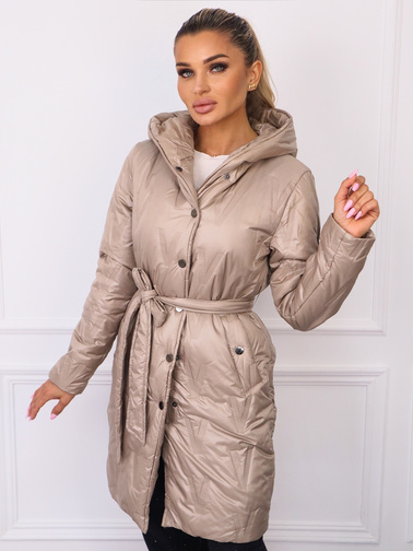 DŁUGA KURTKA PIKOWANA Z WIĄZANIEM- CIEMNOBEŻOWA