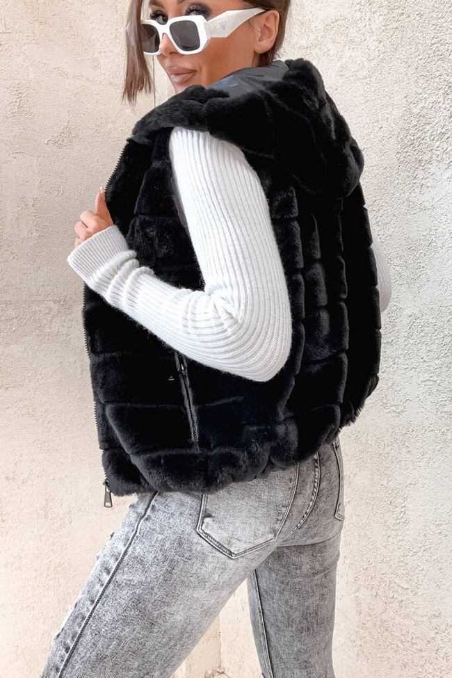 CZARNA FUTRZANA KAMIZELKA - BEZRĘKAWNIK 