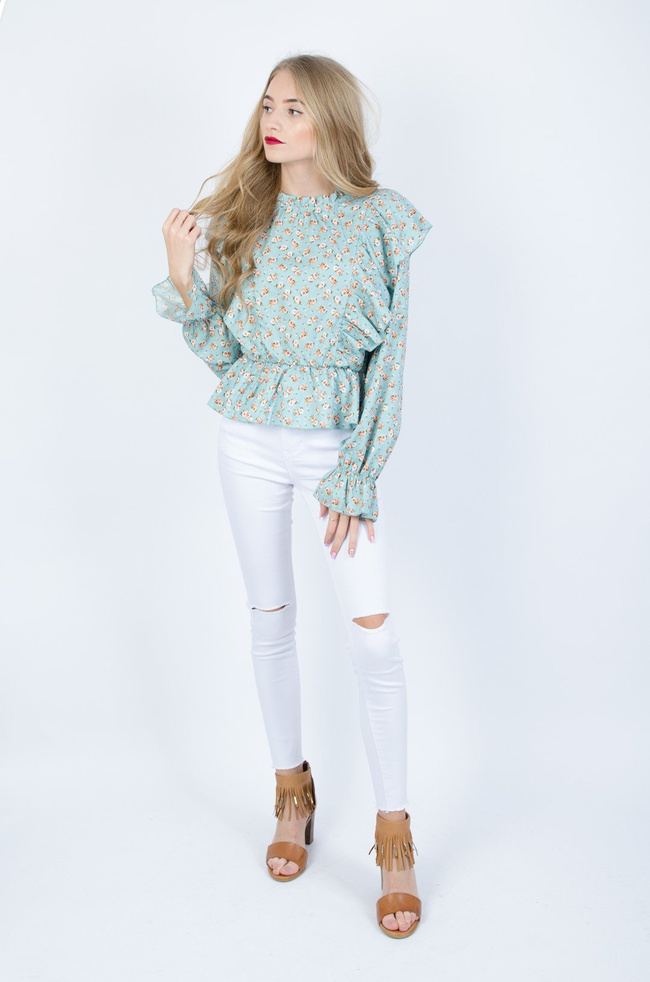 TURKUSOWY TOP W KWIATY