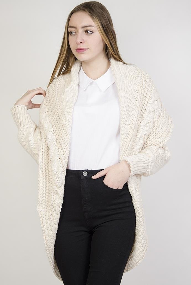 Gruby beżowy sweter typu kardigan z pięknymi wzorami