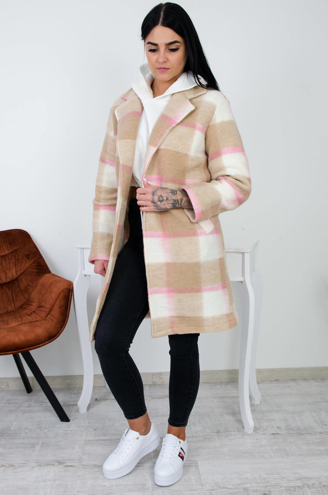 BEŻOWO- RÓŻOWY PŁASZCZ W KRATĘ