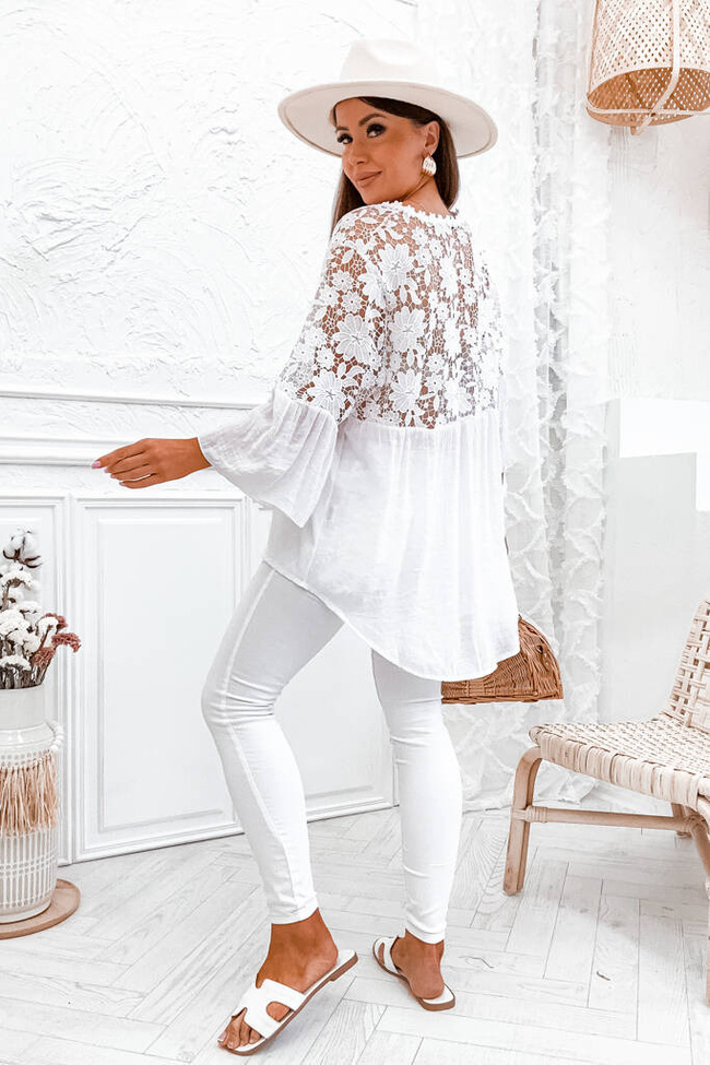ASYMETRYCZNA BLUZKA  Z REKAWAMI I PLECAMI Z KORONKI- BIAŁA
