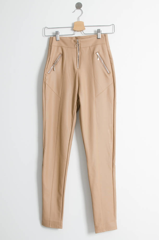 BEŻOWE WOSKOWANE LEGGINSY Z PRZESZYCIAMI- WYSOKI STAN