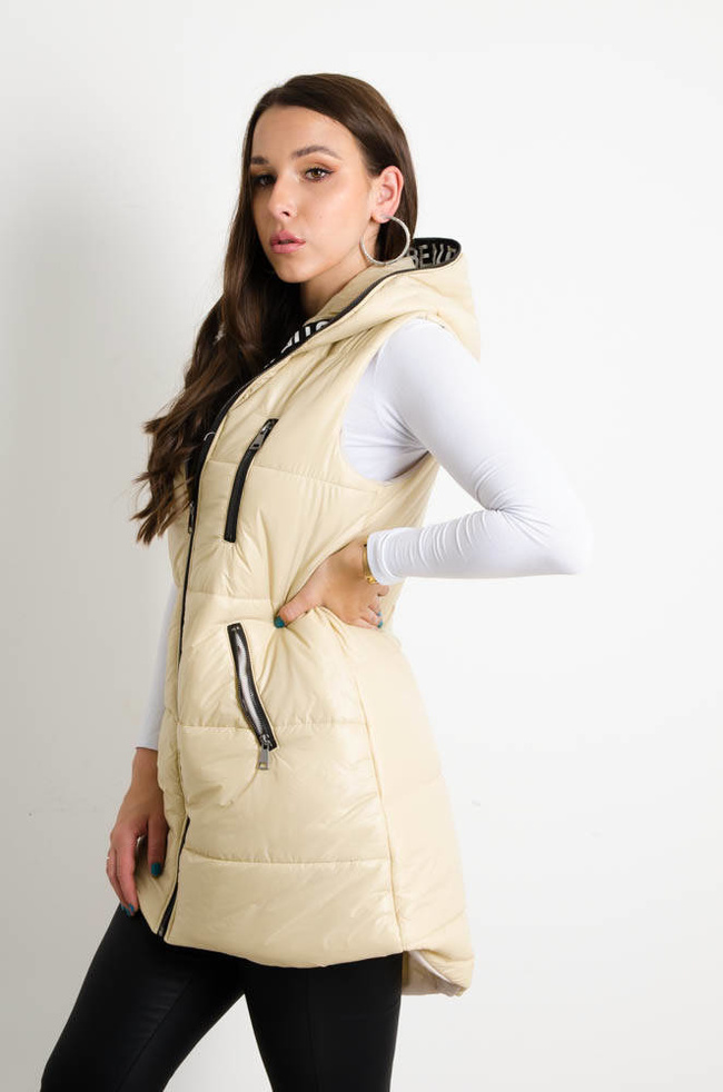 BEŻOWA DŁUGA KAMIZELKA Z KAPTUREM