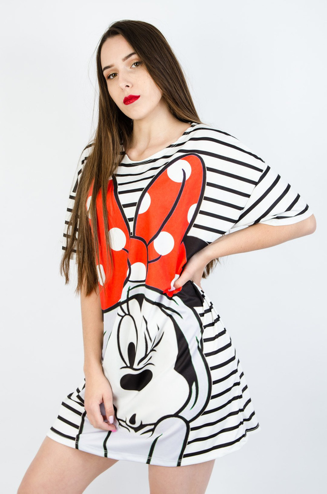 BIAŁA TUNIKA W PASKI Z APLIKACJĄ-CZERWONA KOKARDA