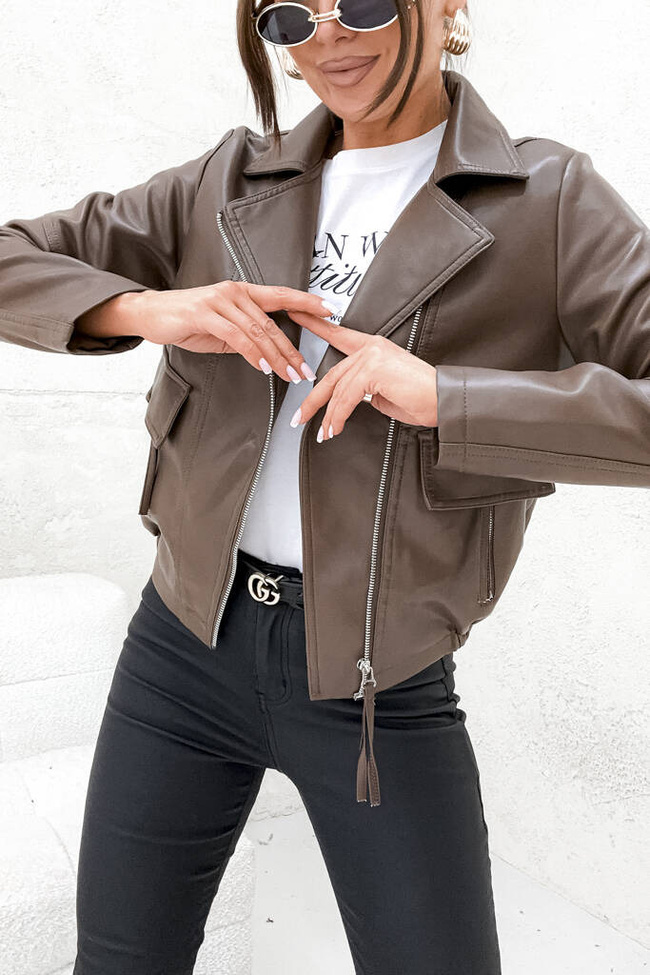 KURTKA Z IMITACJI SKÓRY BOMBERKA- BRĄZOWA