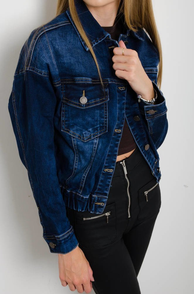 GRANATOWA KURTKA JEANSOWA BOMBERKA ZE ŚCIĄGACZEM