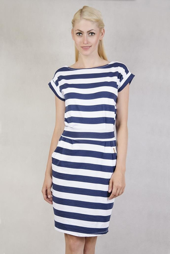Granatowo-biała sukienka w paski wiązana z tyłu