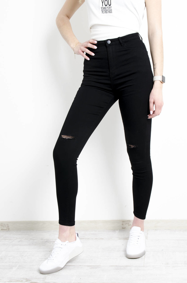 CZARNE SPODNIE SKINNY Z WYSOKIM STANEM- ROZCIĘCIA NA KOLANACH