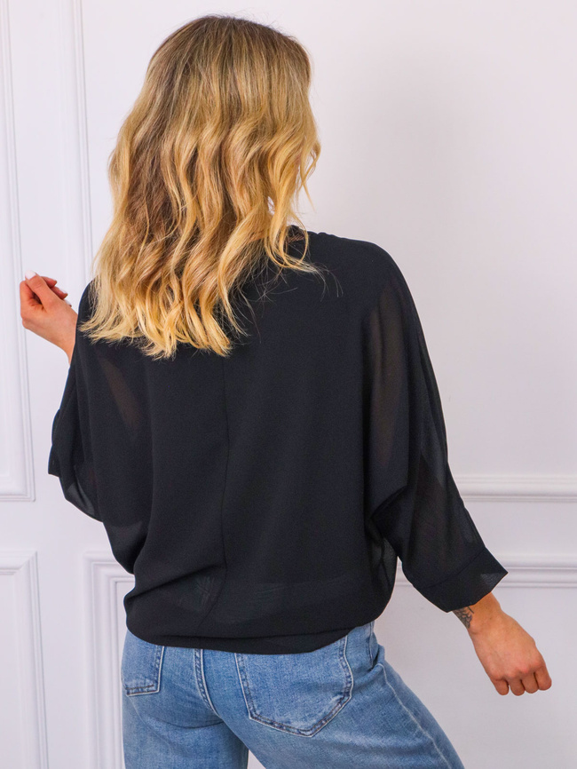 BLUZKA SZYFONOWA O KROJU NIETOPERZA Z WIĄZANIEM- CZARNA