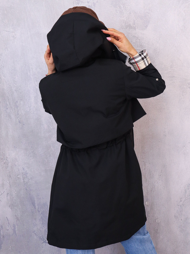 KURTKA PARKA Z KAPTUREM W KRATĘ- CZARNA