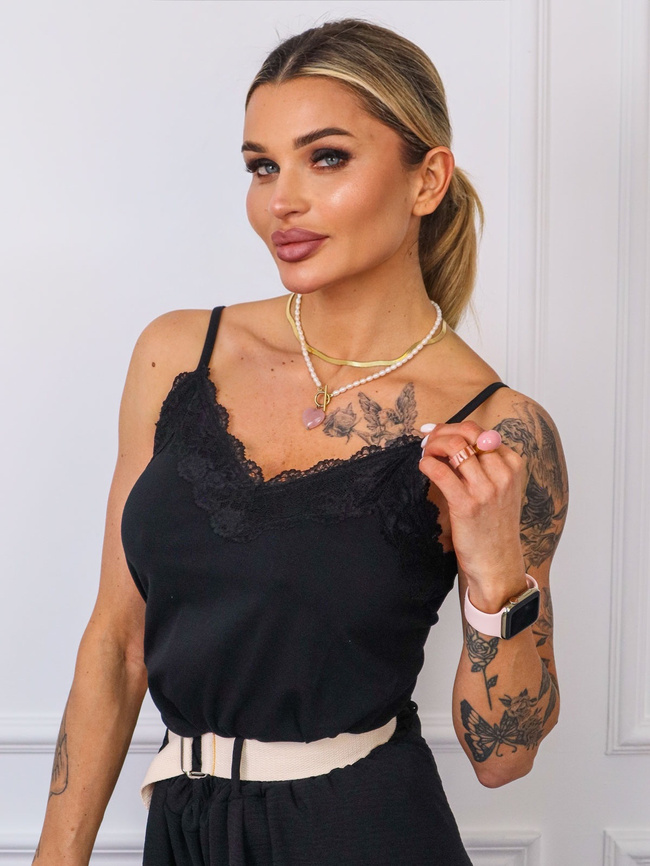 TOP NA RAMIĄCZKACH Z OZDOBNĄ KORONKĄ- CZARNY