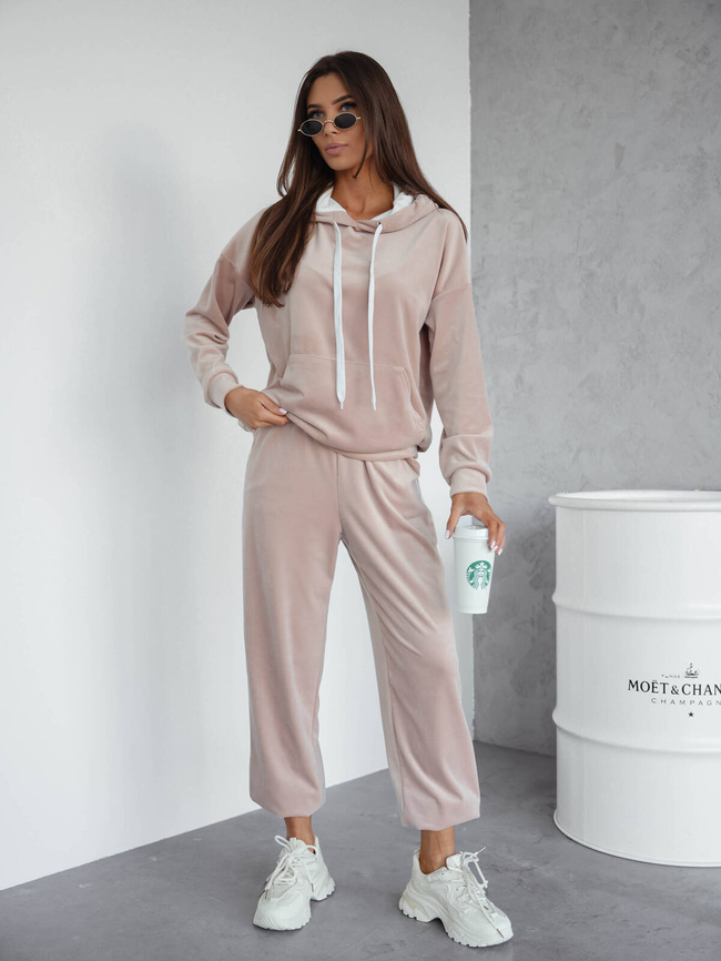 KOMPLET WELUROWY BLUZA+ SPODNIE Z KONTRASTOWYMI LAMPASAMI- BEŻOWY