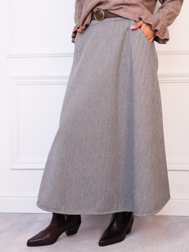 SPÓDNICA DZIANINOWA ROZKLOSZOWANA Z PASKIEM- SZARA