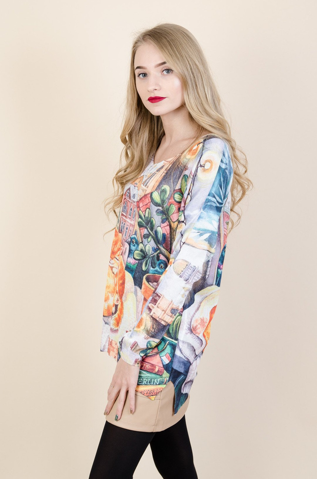 Kolorowa bluzka z długim rękawem-motyw z kotami