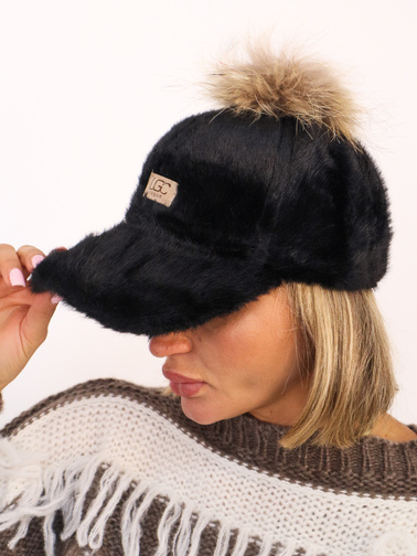 CZAPKA FUTRZANA Z NASZYWKĄ I ODPINANYM POMPONEM- CZARNY