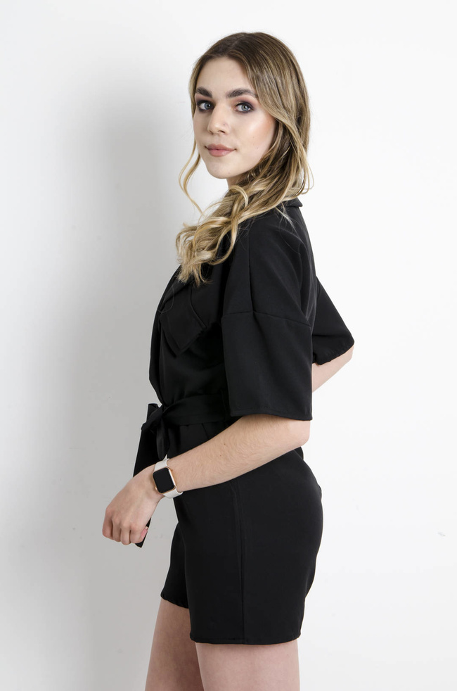 KOMBINEZON ELEGANCKI WIĄZANY W PASIE - CZARNY 