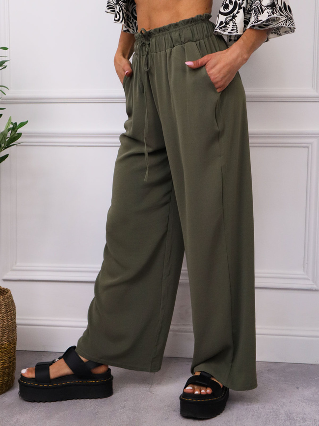 SPODNIE MATERIAŁOWE Z GUMĄ I WIĄZANIEM W PASIE- ZIELONE