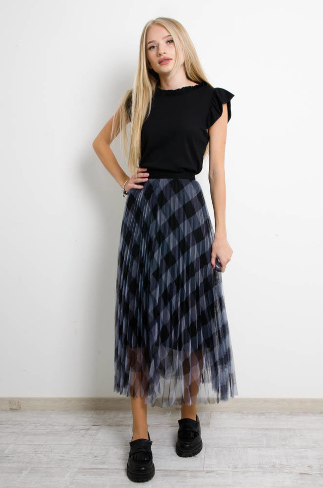 SZARA SPÓDNICA TIULOWA W KRATĘ